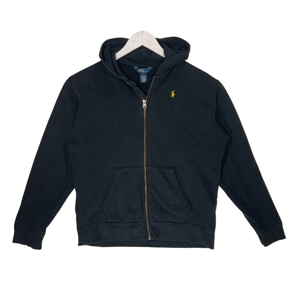 Polo Ralph Lauren Mens Full Zip Hoodie Black Yellow Pony Logo Fleece Size L - Picture 1 of 5